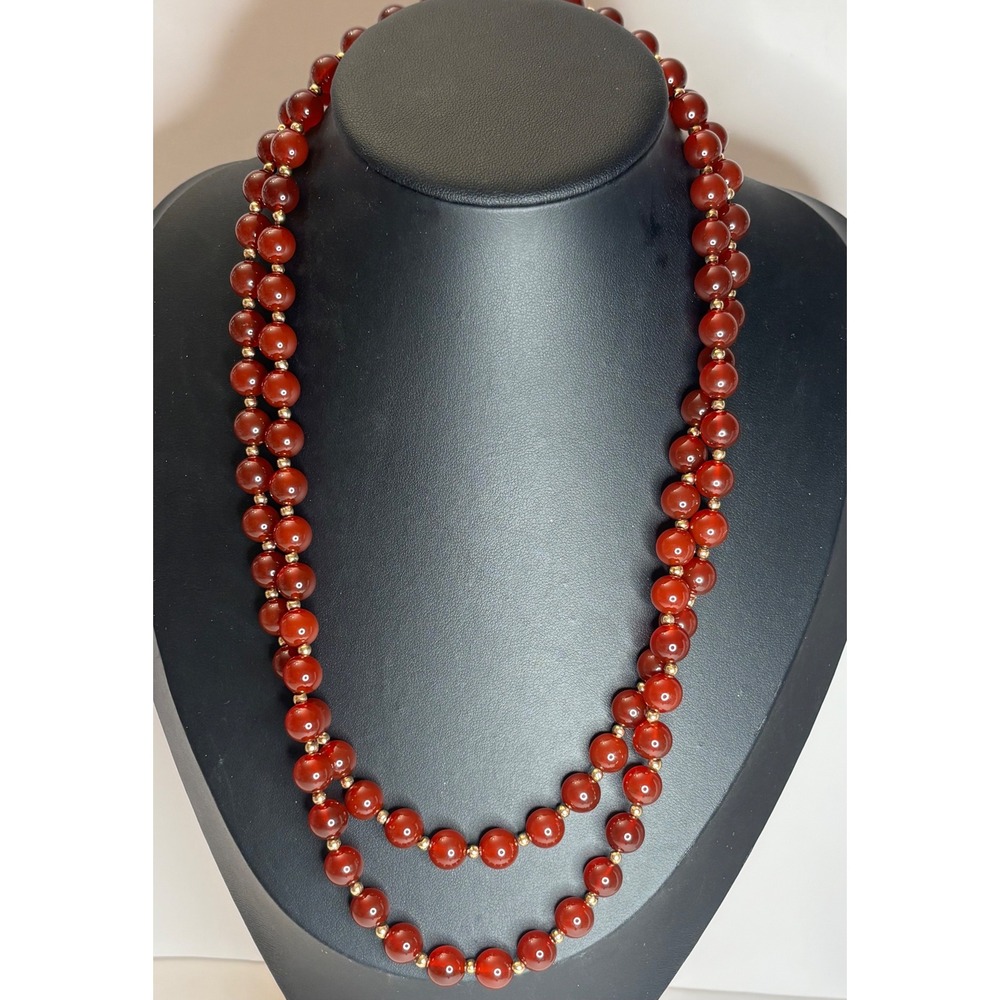 Vintage Carnelian Bead Necklace 39" Cranberry Red Stone Gold Tone Spacers Opera